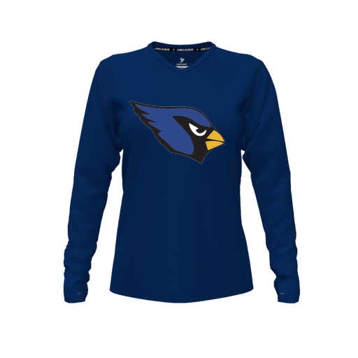 [CUS-DFW-TEES-CMF-VNK-LSL-NVY-FYXS-LOGO1] Decker Comfort T-Shirt (Female Youth XS, Navy, V Neck, Logo 1, Long Sleeve)