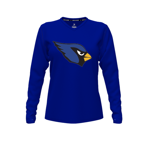 [CUS-DFW-TEES-CMF-VNK-LSL-RYL-FYXS-LOGO1] Decker Comfort T-Shirt (Female Youth XS, Royal, V Neck, Logo 1, Long Sleeve)