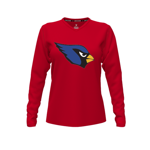 [CUS-DFW-TEES-CMF-VNK-LSL-RED-FYXS-LOGO1] Decker Comfort T-Shirt (Female Youth XS, Red, V Neck, Logo 1, Long Sleeve)