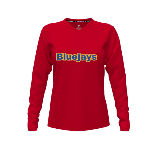 [CUS-DFW-TEES-CMF-VNK-LSL-RED-FYXS-LOGO3] Decker Comfort T-Shirt (Female Youth XS, Red, V Neck, Logo 3, Long Sleeve)